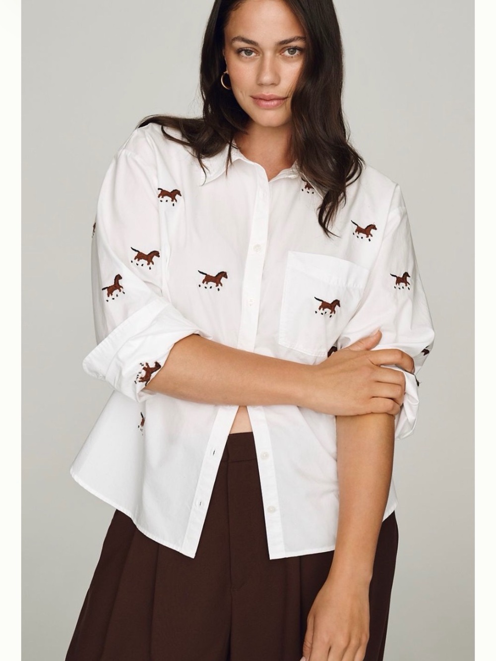 Maeve White Button-Down Shirt with Brown Horse Embroidery - Picture 5 of 7